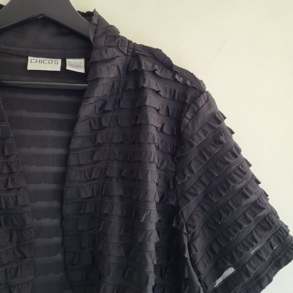 Chico's Open Front Top 3 = XL Black Ruffles Topper Bolero Shrug Witchcore Sheer - Picture 1 of 9